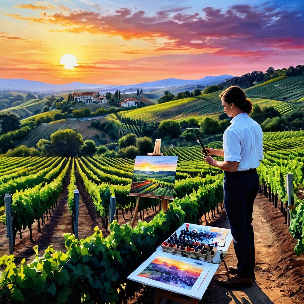 A beautiful vineyard landscape at sunset, with lush grapevines stretching across rolling hills. In the foreground, an artist is painting a vibrant canvas capturing the fusion of wine and art, with colorful wine bottles and brushes scattered around. Delicate watercolor splashes symbolize the essence of wine culture intertwined with creativity, reflecting a fine art vibe. super-realistic. vibrant colors. soft-focus background.