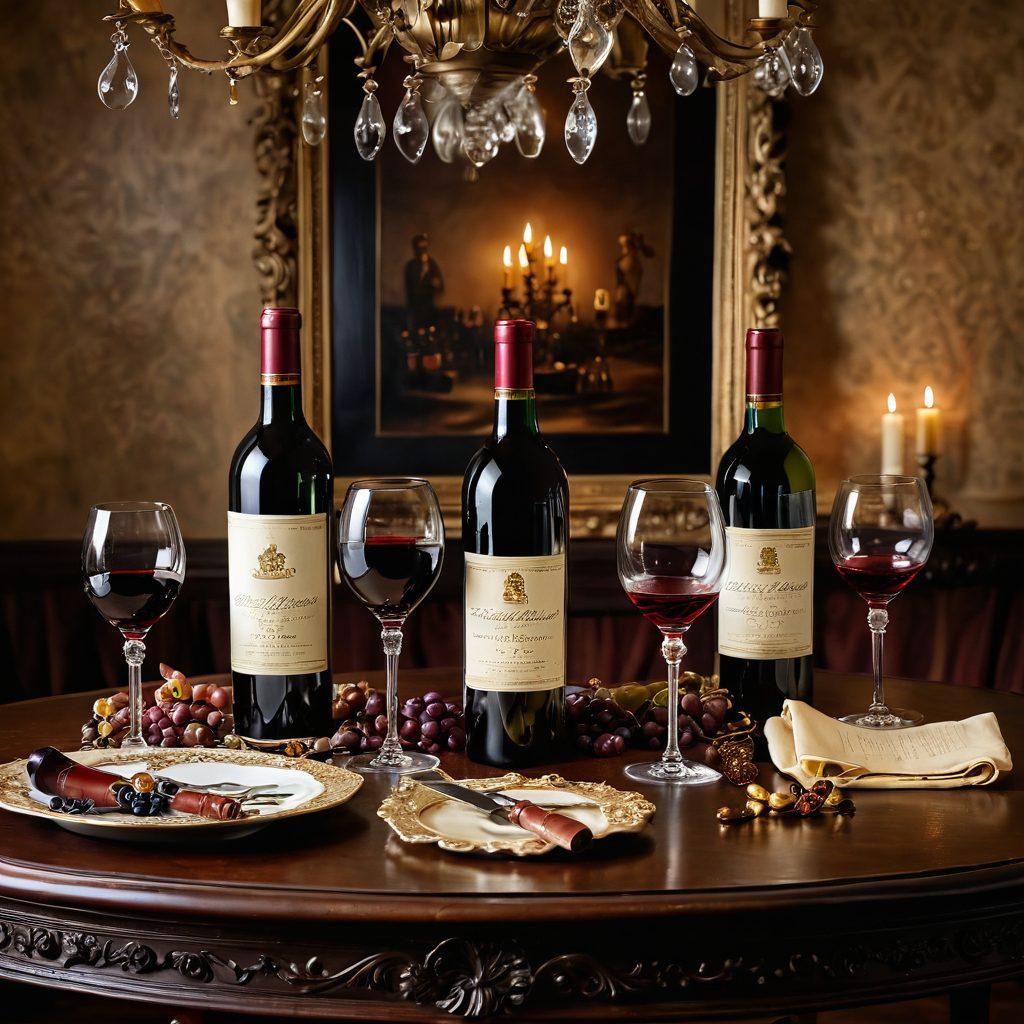 A beautifully arranged table featuring a vintage wine bottle and elegant wine glasses, surrounded by exquisite pieces of fine art like a classic painting and sculptures, cast in warm, inviting lighting. The backdrop showcases an antique gallery with ornate frames, merging a sense of nostalgia and sophistication. Include soft reflections in the wine glasses for added depth. super-realistic. warm tones. fine art style.