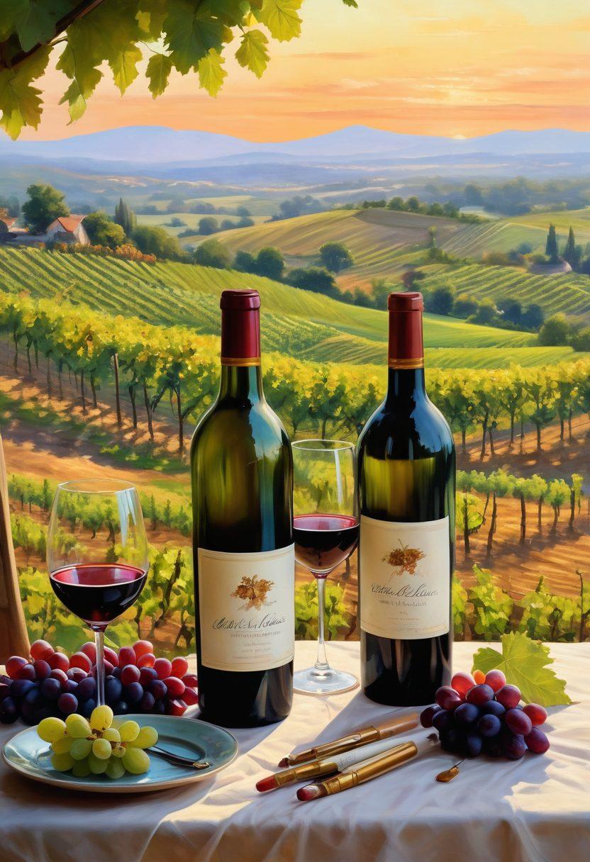 A serene, elegantly arranged table featuring various wine bottles and glasses surrounded by beautiful vineyard landscapes. Artistic brushes, paint tubes, and half-finished wine-inspired paintings scattered around, with soft, warm lighting enhancing the inviting atmosphere. Grapes and wine leaves artistically intertwined with the setup. A hint of a calming sunset in the background. impressionist style. vibrant colors.
